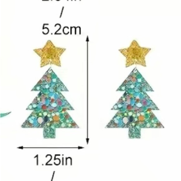 NWT Green Glitter Acrylic Christmas Tree Dangling Earrings Gold Star Polka Dots - Picture 4 of 4